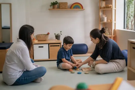 Criança participando de atividade terapêutica acompanhada pela mãe