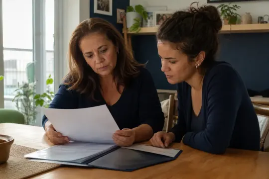 Mulher e filha analisando documentos relacionados à cobertura de um tratamento