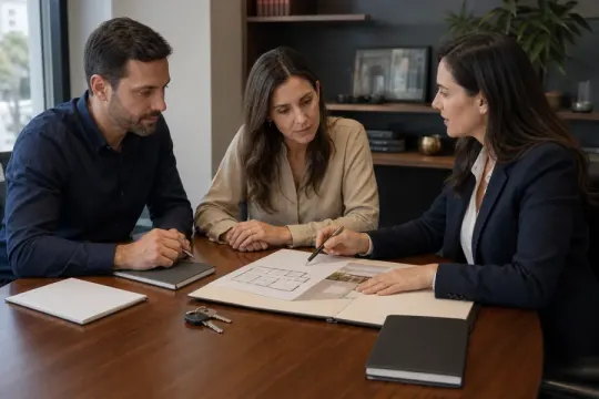 Família e advogada organizando documentos de imóveis e patrimônio