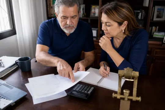 Casal analisando mensalidades e cobranças do plano de saúde